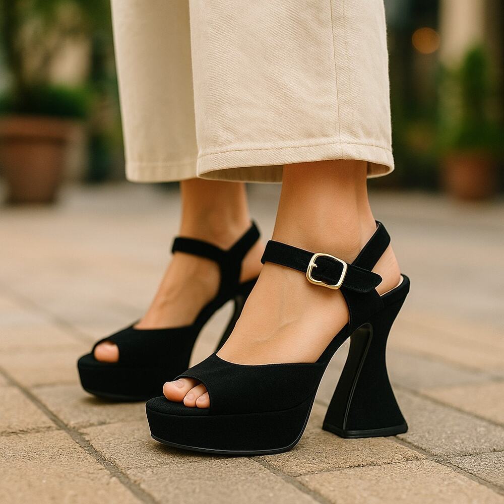 Vintage 8.5 Suede Heel Peep Toe Ankle Strap Black Sculpted Heel Platform